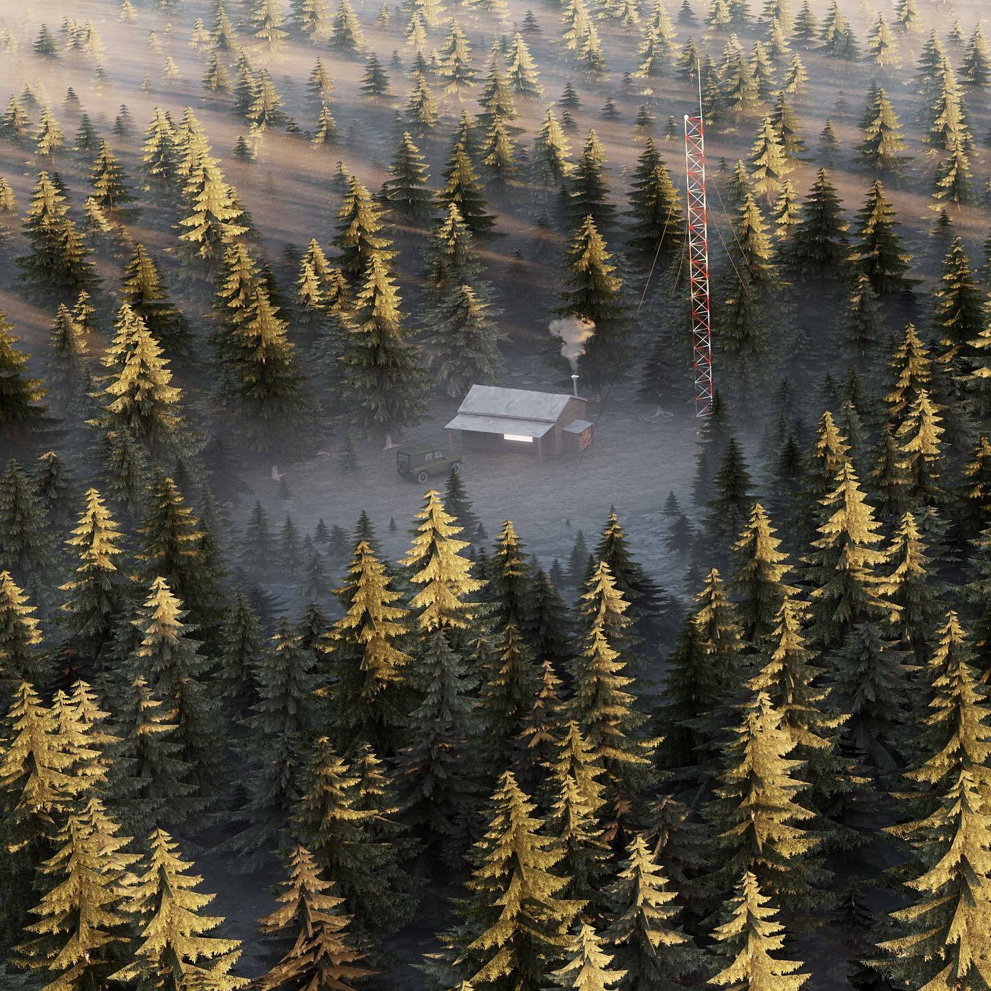 A computer render of a small cabin in a foggy forest with a radio mast next to it with sunlight shining through the trees